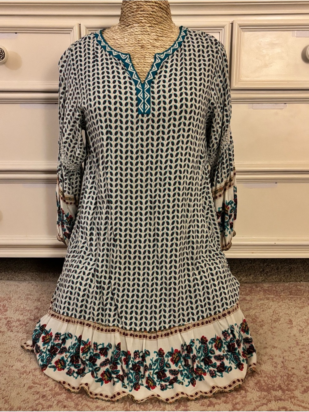 Umgee Teal and Cream Boho Floral Border Tunic Dress